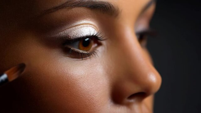 Close-Up of Beauty Makeup Application on Model's Eye with Brush