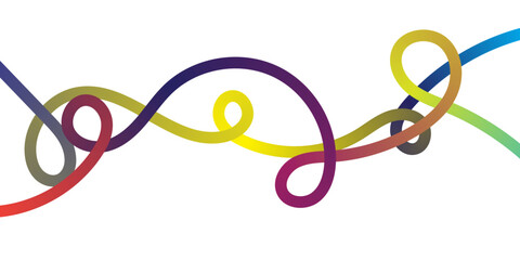 The image features an abstract, dynamic composition of multiple intertwining, continuous, thick, fluid lines forming a complex series of graceful loops and sweeping curves. Each line displays a smooth