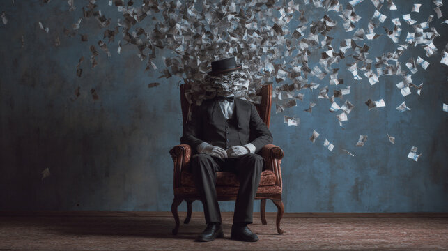 Elegant man sitting in armchair with banknotes obscuring face, symbolizing wealth and greed