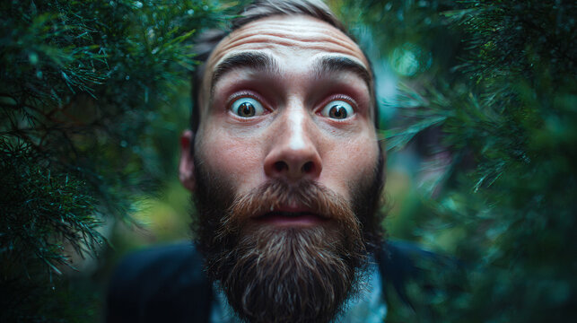 Man's wide eyed expression creating a sense of surprise while looking from nature