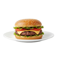 A Juicy Cheeseburger with Sesame Seed Bun Lettuce and Tomato on a White Plate with Clear Background