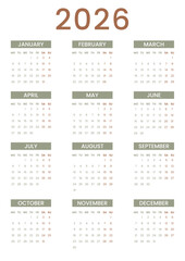 English 2026 year calendar vertical page template week starts on Monday