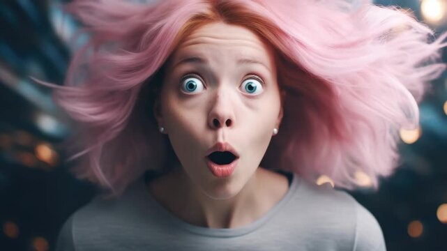 Woman with vibrant pink hair has an open-mouthed expression of surprise against a blurred backdrop. She appears startled and is wearing casual clothing.