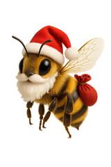Festive bee wearing Santa hat and beard, carrying a red sack cutout png on transparent background