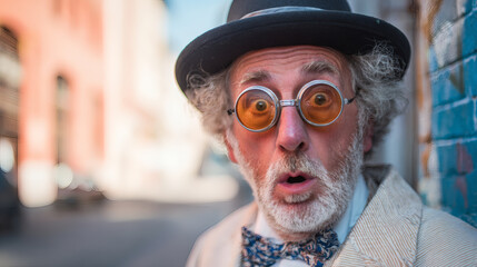Eccentric man expressing surprise on a city street, wearing a hat and round glasses
