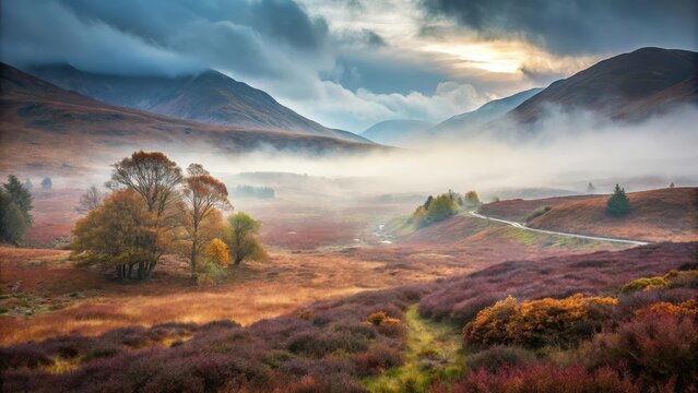 Misty Scottish Highlands landscape with heather covered moors and autumn trees