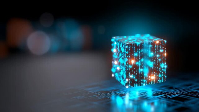 Futuristic glowing abstract cube with digital data, technology and innovation theme
