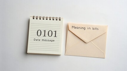Data message concept with binary code on notepad next to an envelope symbolizing communication in digital age