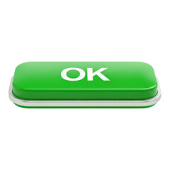 Green 'ok' button 3d render with sleek metallic base, symbol of confirmation, acceptance and agreement.