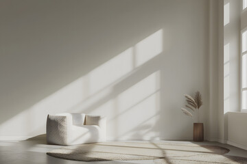 Naklejka premium Sala minimalista con luz natural y sillón blanco moderno
