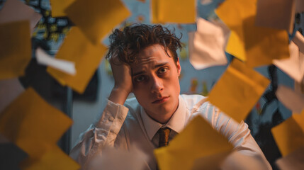 Young man experiencing burnout, overwhelmed by urgent sticky notes and office work