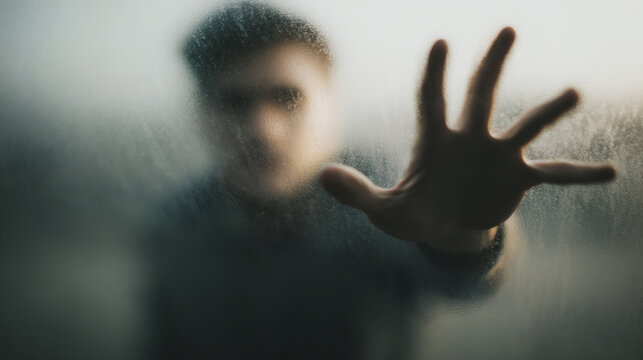 Person reaching hand out, trapped behind frosted glass, feeling fear and loneliness