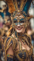Woman in colorful carnival costume smiling during Mardi Gras festival, vertical photo