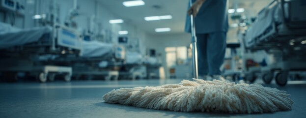 Hospital staff member mopping floor in medical ward setting  