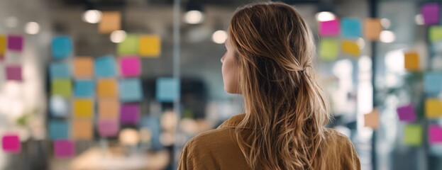 Woman observing colorful sticky notes on glass wall in office space  