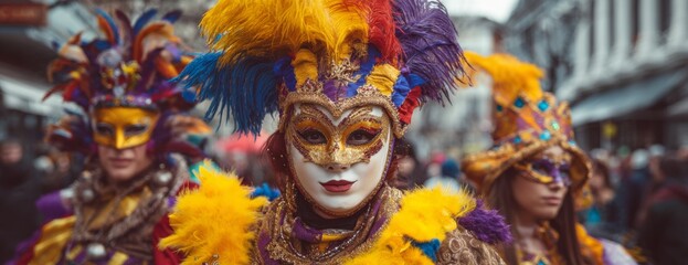 Colorful masked participants in Carnival parade with feathers and beads  