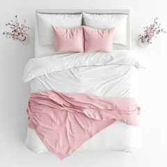 Modern bedroom furniture with pink bedding and pillows, top view, perfect for interior design projects