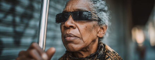 Blind elderly black woman wearing sunglasses and holding a cane outdoors  