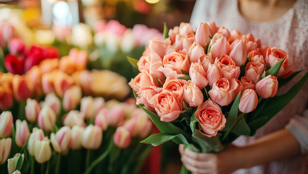 Florist gripping elegant peach rose and tulip bouquet amid vibrant floral displays in professional workshop - Powered by Adobe