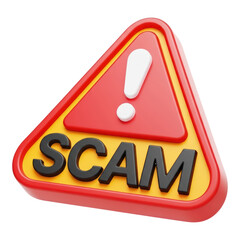 Scam warning sign 3d illustration. fraud alert symbol in red and yellow triangle for digital safety online.