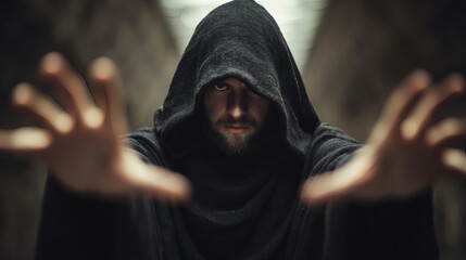 Hooded man casting a spell, dark wizard using magic power, fantasy character