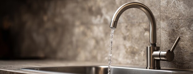 Kitchen faucet pouring water into modern metal sink with stone background  