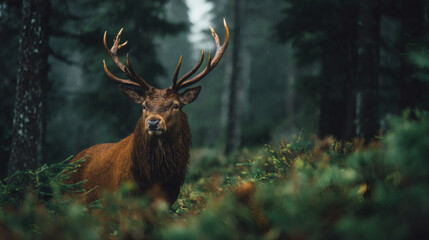 Red deer stag standing in a forest during a rain shower, exploring nature