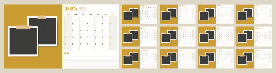 2026 year calendar english photo template with notes set of monthly horizontal layout pages
