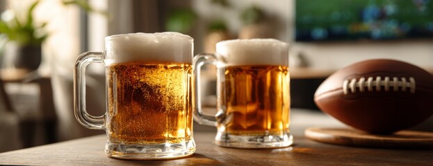 Mugs of beer and american football on table in modern living room against tv screen 