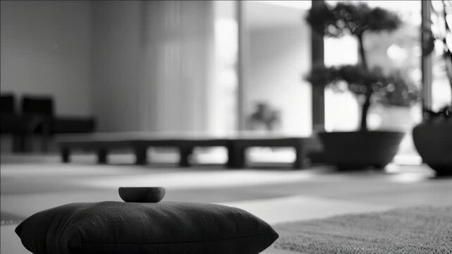 A tranquil room setting showcasing a traditional Japanese aesthetic with tatami mats and a bonsai tree in the background.