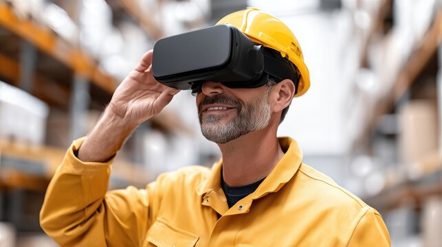 Warehouse Worker Yellow Outfit Using Virtual Reality Headset For Industrial Training. Smiling Middle-Aged Man In Yellow Uniform With VR Goggles And Hard Hat In Warehouse