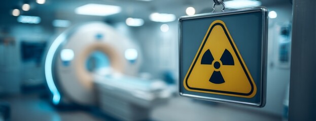 Radiation warning sign in medical radiology room with MRI machine  