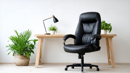 Modern Minimal Office Interior With Black Leather Ergonomic Chair, Wooden Desk And Indoor Plants. Home Workspace Design For Productivity And Style