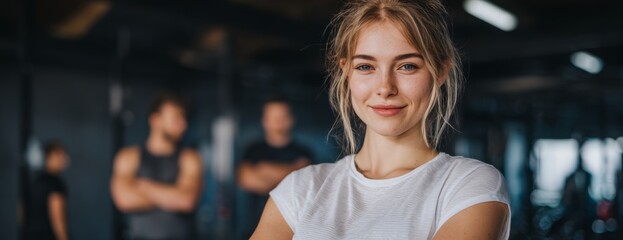 Young woman smiling and posing confidently in gym setting  
