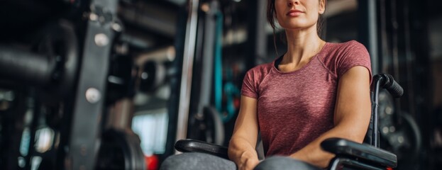 Young woman in wheelchair exercising at gym with fitness equipment  