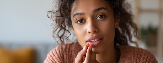 Young woman with curly hair taking vitamin capsule in living room  