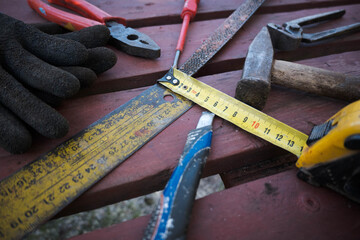 Workshop tools on a workbench, DIY.
