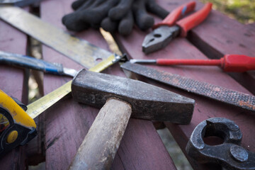 Workshop tools on a workbench, DIY.
