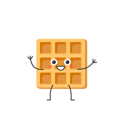 Viennese waffle cute cartoon character, a symbol of a delicious sweet breakfast, greeting smile face kawaii joy happy emotions icon vector illustration.