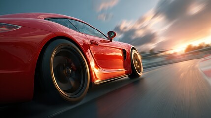 Fast red sports car racing on a track at sunset captures the thrill of speed and excitement during a high-energy event
