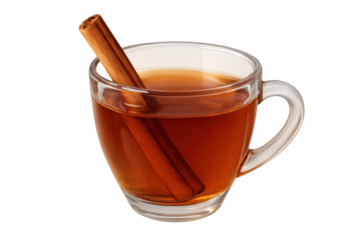 Cinnamon stick in hot autumn beverage, warming drink served in a clear glass mug on a transparent background