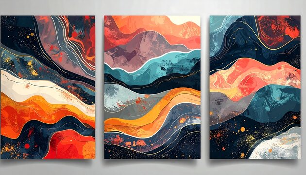 Watercolor abstract triptych wavy layers, orange, red, blue, golden accents create dynamic, textured, modern, earthy artworks