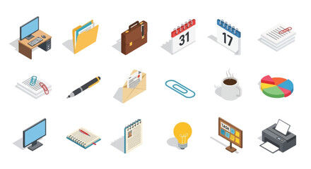 Get organized with this modern office isometric icon set for professional business presentations today