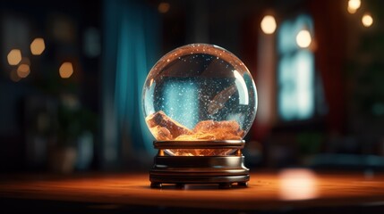 crystal ball, glass sphere, ornate wooden base, glowing embers, dramatic lighting, moody atmosphere, intricate details, mystical, fantasy, photorealistic