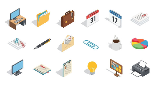 Get organized with this modern office isometric icon set for professional business presentations today