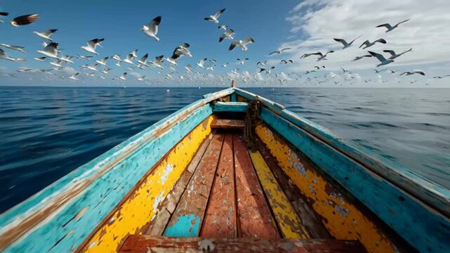 Boat sailing on the ocean with seagulls flying above, creating a sense of freedom and adventure.