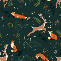 Abstract seamless vector pattern. Forest animal ornate illustration on a green background. 