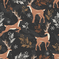 Naklejka premium Seamless pattern with winter deers. Design for card, fabric, print, greeting, cloth, poster, clothes, textile.