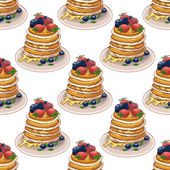 Hand drawn vintage seamless pattern of pancakes with honey and berries in color style, isolated vector illustration