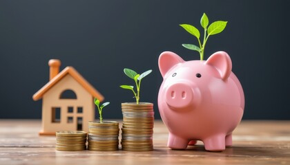 first time homebuyer concept. Financial growth concept with piggy bank, coins, and house model.